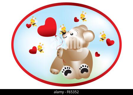 Bear holding heart shape balloon and bees with hearts Stock Vector