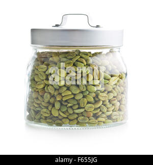 green coffee beans in jar on white background Stock Photo