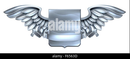 A winged silver steel metal shield heraldic heraldry coat of arms design with a banner scroll Stock Photo