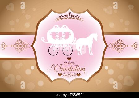 Wedding invitation with horse carriage and calligraphic text and ornaments Stock Vector