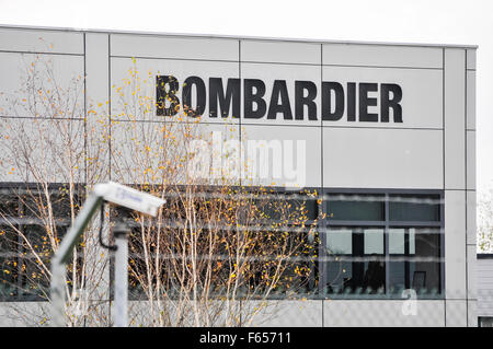Northern Ireland. 12th November, 2015. Bombardier manufacturing site in Newtownabbey.  Bombardier has a 5,500-strong workforce in Northern Ireland and is currently working on the wings of the company's new C-Series jet.  They have just announced a 2 year freeze in wages, and to increase working hours on Fridays. Credit:  Stephen Barnes/Alamy Live News Stock Photo