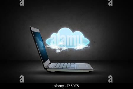 open laptop computer with cloud computing icon Stock Photo