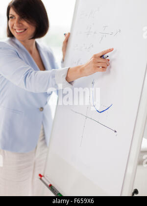 smiling math teacher at flipboard in classroom Stock Photo