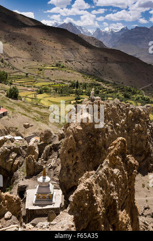 India, Himachal Pradesh, elevated view of Dhankar village Buddhist chorten and rock pinaccles Stock Photo