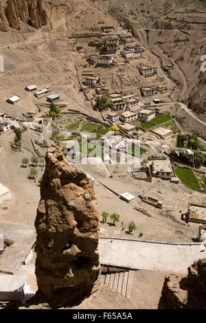 India, Himachal Pradesh, elevated view of Dhankar village and rock pinaccle from monastery Stock Photo