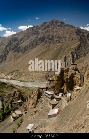 India, Himachal Pradesh, Dhankar monastery on ridge above Spiti valley Stock Photo