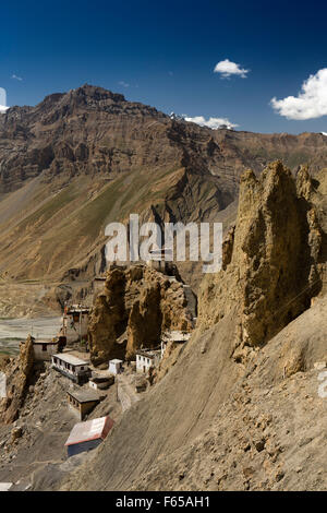 India, Himachal Pradesh, Dhankar monastery on ridge above Spiti valley Stock Photo