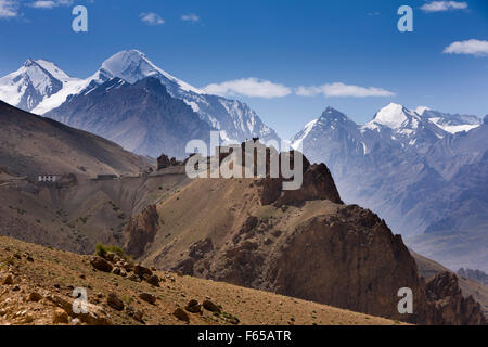 India, Himachal Pradesh, Spiti valley, Dhankar monastery on ridge and snow capped Himalayan peaks Stock Photo