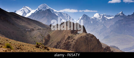 India, Himachal Pradesh, Spiti valley, Dhankar monastery on ridge and snow capped Himalayan peaks, panorama Stock Photo