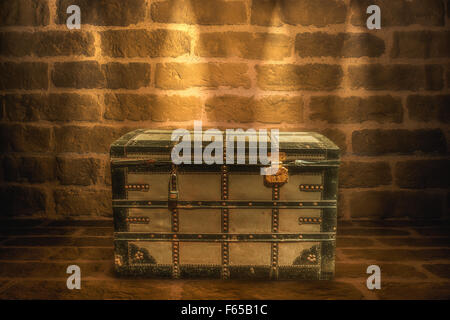 Wooden chest in a room on a brown background Stock Photo