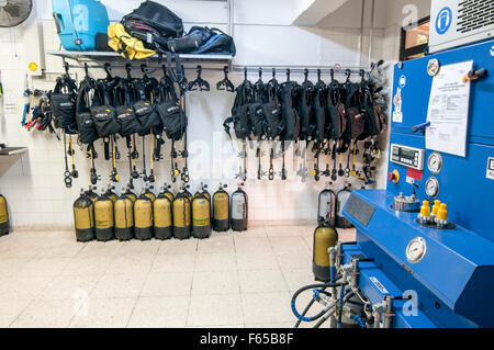 A SCUBA diving club in Larnaca, Cyprus the diving equipment storage room Stock Photo