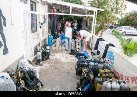 A SCUBA diving club in Larnaca, Cyprus. Divers are readying their equipment Stock Photo