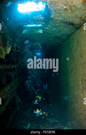 Diver at the MS Zenobia shipwreck. MS Zenobia was a Swedish built Challenger-class RO-RO ferry launched in 1979 that capsized an Stock Photo