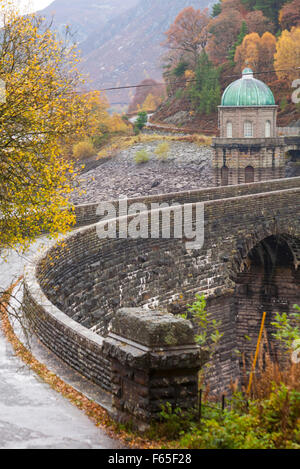 Foel Tower, the Pump House with domed green patina copper roof at Garreg Ddu Dam reservoir, Elan Valley, Powys, Mid Wales, UK in November Autumn Stock Photo