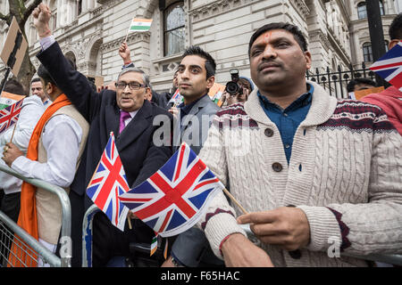 London, UK. 12th November, 2015. Pro-Modi supporters outside Downing Street welcoming the UK state visit of Narendra Modi the President of India Credit:  Guy Corbishley/Alamy Live News Stock Photo