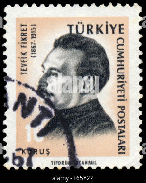 TURKEY - CIRCA 1965: Stamp printed in the Turkey shows Tevfik Fikret, Ottoman Poet, circa 1965 Stock Photo