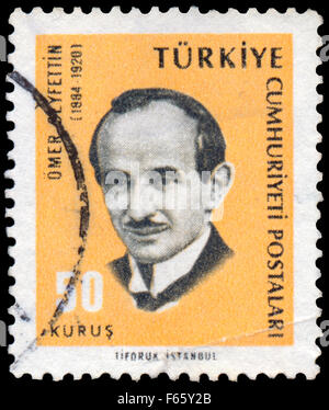 TURKEY - CIRCA 1965: Stamp printed by Turkey, shows Omer Seyfettin, novelist, circa 1965. Stock Photo