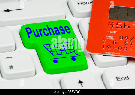 Online shopping button on a computer keyboard.with debit or credit card ready for payment. Stock Photo