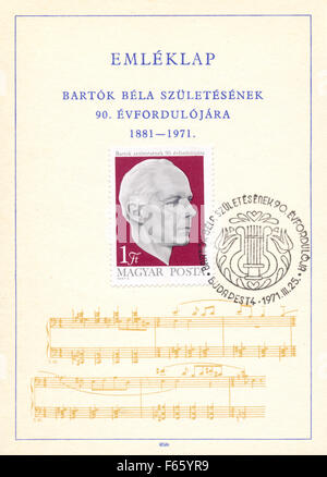 HUNGARY - CIRCA 1971: Stamp printed in Hungary shows image issued for the 90th birth anniversary of the famous composer Bela Bar Stock Photo