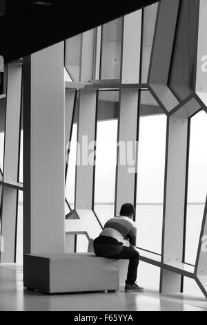 Facade detail  of Harpa Concert Hall in Reykjavik with boy looking outside vertical black and white Stock Photo