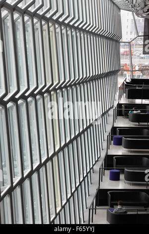 Facade detail and interior of Harpa Concert Hall in Reykjavik vertical black and white Stock Photo