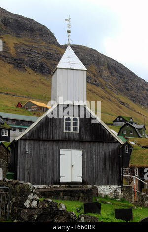 Traditional wooden church in the village of Bøur near Sørvágur Vágar Island Faroe Islands Stock Photo
