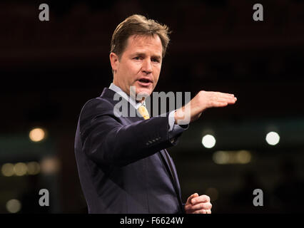 Former Liberal Democrat leader,Nick Clegg,talks at a conference in London Stock Photo