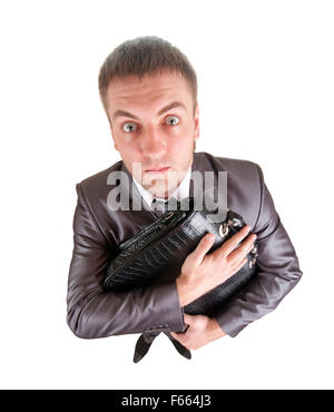 Funny business man holding briefcase. Isolated on white Stock Photo