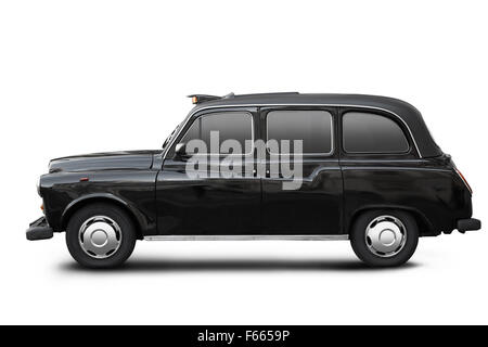 English old taxi, black cab in London isolated on white, clipping path included Stock Photo