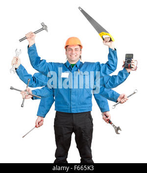 Smiling worker with tools in many hands. Isolated on white Stock Photo