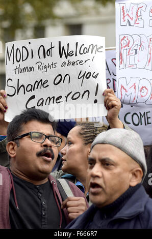London 12th November 2015. Protesters gather outside Downing Street as Indian Prime Minister Narenda Modi arrives in the UK for a three day visit. Credit:  PjrNews/Alamy Live News Stock Photo