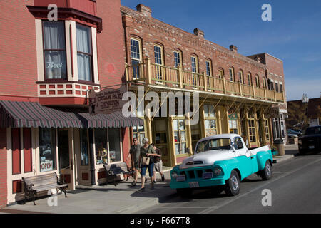 Shops, housed in historic 19th century buildings, line Main Street in Hannibal, MO. Stock Photo