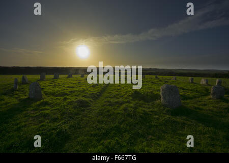 Merry Maidens Dawn's Men Dans Maen Stone Dance  a late neolithic stone circle  St Buryan, Cornwall, Stock Photo