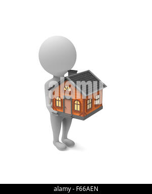 Little white man holds a house in his hands Stock Photo