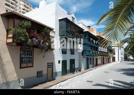 Balcony houses in Avenida Marítima, Santa Cruz de la Palma, La Palma, Canary Islands, Spain Stock Photo