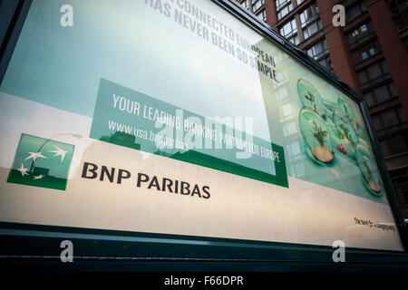 Advertising for the French bank, BNP Paribas, is seen in New York on Saturday, November 7 2015. (© Richard B. Levine) Stock Photo