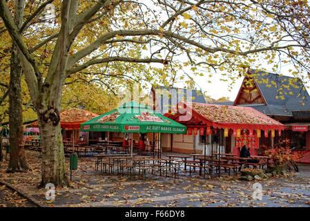 Miskolc, Hungary 12th, Nov. 2015 After foggy morning , sun rised and temperature reached almost 20 Celsius degrees in the Nortnern Hungarian city of Miskolc. Pictured: Empty restaurants in Miskolc Tapolca after tourist season Credit:  Michal Fludra/Alamy Live News Stock Photo