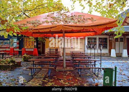 Miskolc, Hungary 12th, Nov. 2015 After foggy morning , sun rised and temperature reached almost 20 Celsius degrees in the Nortnern Hungarian city of Miskolc. Pictured: Empty restaurants in Miskolc Tapolca after tourist season Credit:  Michal Fludra/Alamy Live News Stock Photo