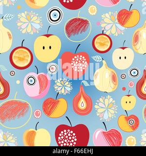 Bright multi-colored pattern with apples and pears on a blue background Stock Vector
