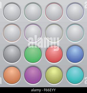Set of blank plastic sunk spherical buttons on light gray background. 16 variations included. Well-organized layer, color swatch Stock Vector
