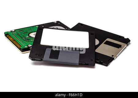 Floppy disk and hard disk on white background Stock Photo