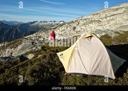 WASHINGTON - Campsite on side of the Hidden Lake Peaks in North Cascades portion of the Mount Baker-Snoqualmie National Forest. Stock Photo