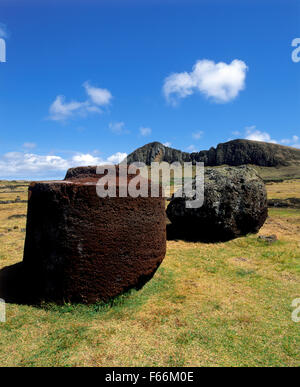 Easter Island, Topknot of Statue & Rano Raraku Volcano Stock Photo