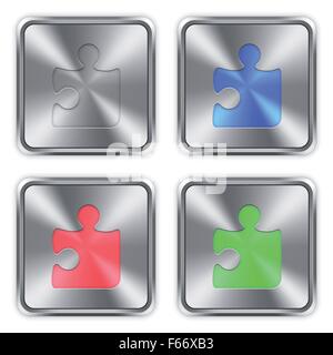 Color puzzle icons engraved in glossy steel push buttons. Well organized layer structure, color swatches and graphic styles. Stock Vector