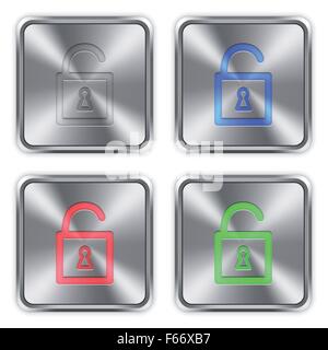 Color unlocked padlock icons engraved in glossy steel push buttons. Well organized layer structure, color swatches and graphic s Stock Vector