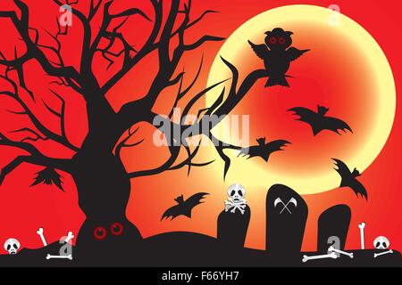 Illustration for Halloween-night with owl, bats under the blood-moon and cemetery shows bones and skulls Stock Vector