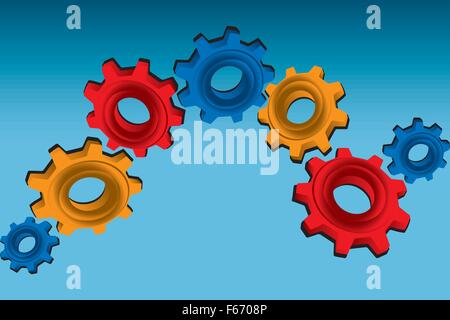 Gears on blue background - vector illustration of 3D gears in red, orange and blue Stock Vector
