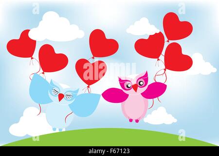 Valentine day lovely owls with balloons greeting card without text Stock Vector