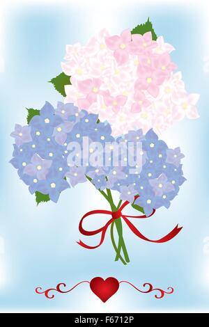 Bouquet of hydrangea flowers and green leaves with red heart - neutral card template Stock Vector