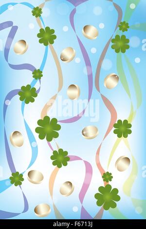 Colorful illustration of four leaf clover, shimmering gold coins and waving rainbow-banners over light-blue sky - Saint Patricks Stock Vector